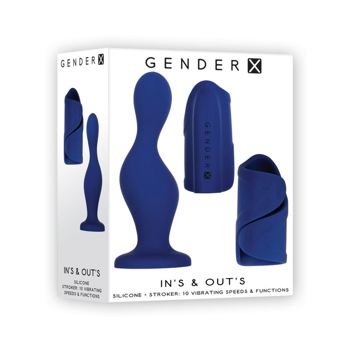 Gender X In's & Out's Rechargeable 5 in. Silicone Dildo and Vibrating Silicone Stroker Set Blue