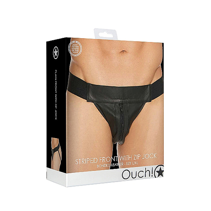 Ouch! Bonded Leather Striped-Front Jock With Zip Black L/XL