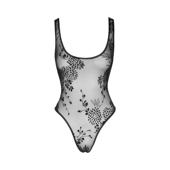 Noir Handmade Tulle Bodysuit With Patterned Flock Embroidery L