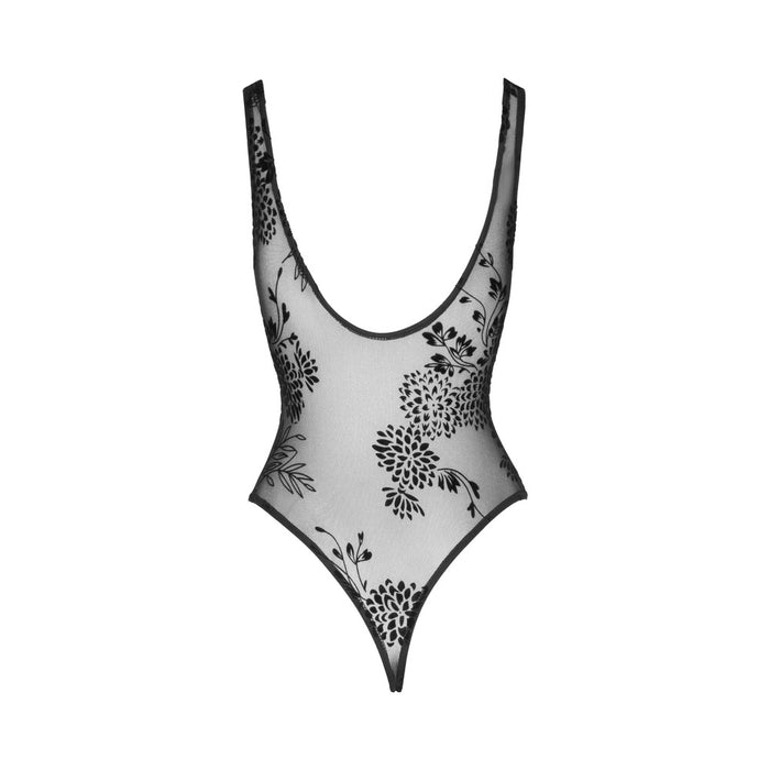 Noir Handmade Tulle Bodysuit With Patterned Flock Embroidery L