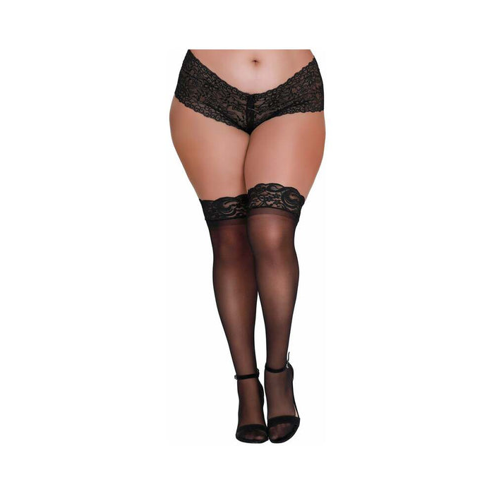 Dreamgirl Plus-Size Sheer Thigh-High Stockings With Silicone Lace Top Black Queen