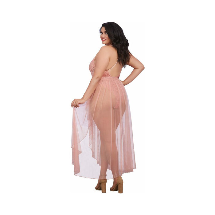 Dreamgirl Teddy & Sheer Mesh Maxi Skirt With G-String Rose Queen 2X Hanging