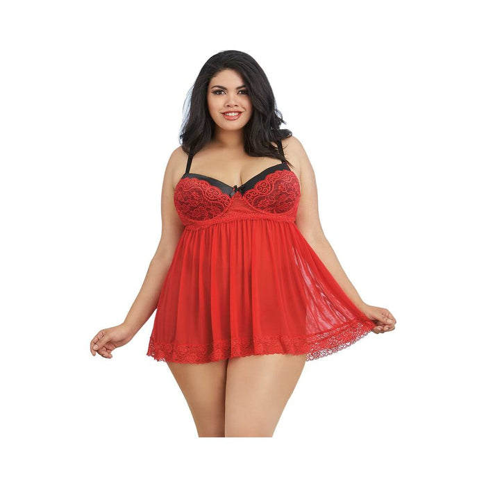 Dreamgirl Stretch Mesh and Lace Babydoll Ruby Queen 1X Hanging