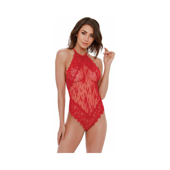 Dreamgirl Eyelash Lace Halter Teddy With High Tie-Neck Closure & Snap Crotch Red XS Hanging
