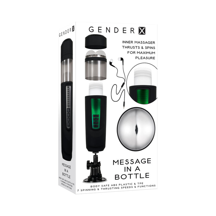 Gender X Message In A Bottle Rechargeable Thrusting Spinning Stroker with Suction Cup Base Black