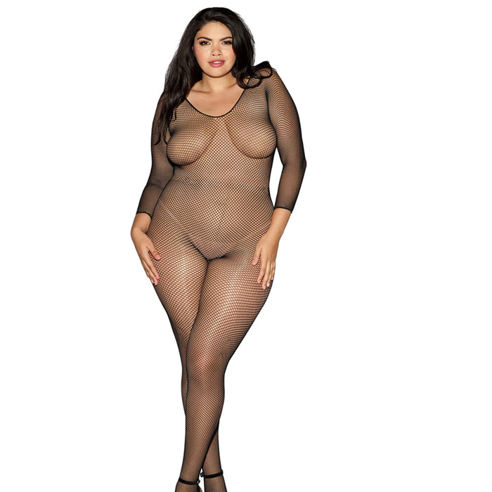 Dreamgirl Longsleeve Fishnet Bodystocking with Open Crotch Black Queen