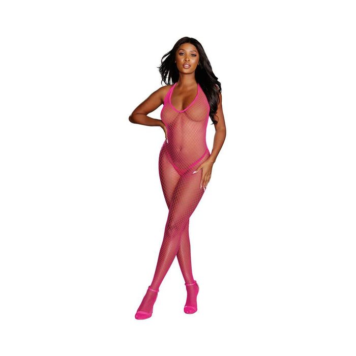Dreamgirl Diamond-Net Halter Bodystocking With Open Crotch Neon Pink OS