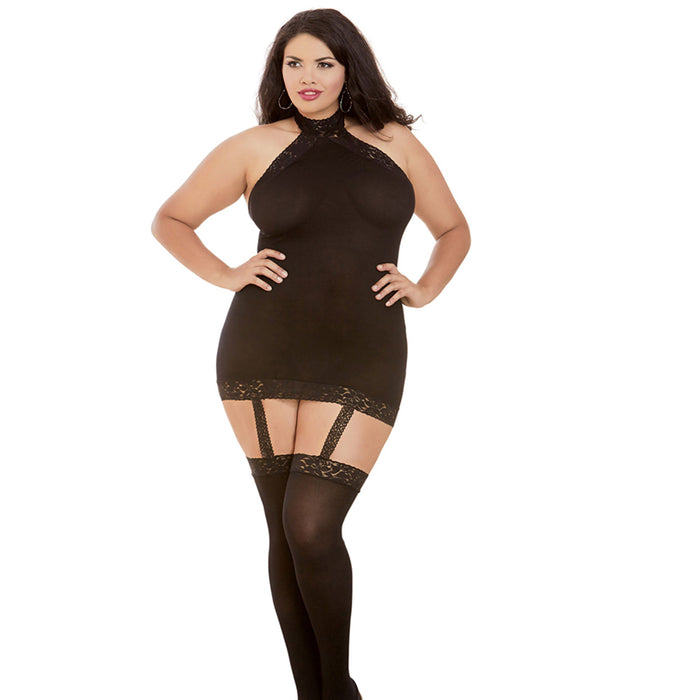 Dreamgirl Semi-Sheer Halter Garter Dress With Snap-Neck Closure and Thigh-Highs Black Queen