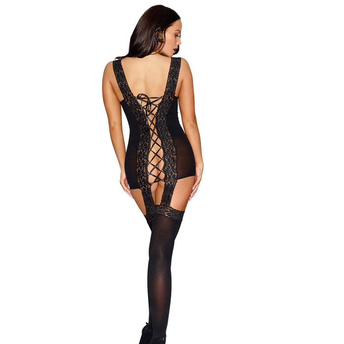 Dreamgirl Sheer Stretch Lace Garter Dress With Lace-Trimmed Straps Black OS