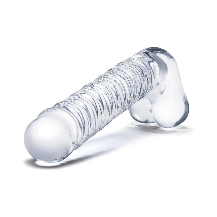 Glas 8 in. Realistic Ribbed Glass G-Spot Dildo with Balls