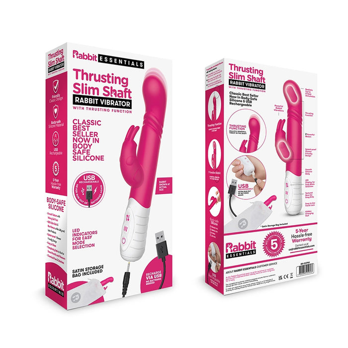 Rabbit Essentials Thrusting Slim Shaft Rabbit Vibrator Rechargeable Silicone Hot Pink
