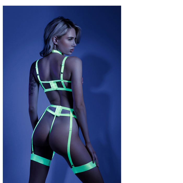 Fantasy Lingerie Glow In A Trance Harness Bra, Garter Belt Neon Chartreuse S/M