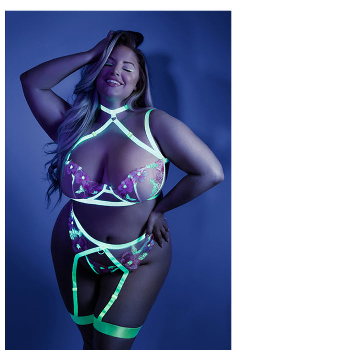 Fantasy Lingerie Glow In A Trance Harness Bra, Garter Belt Neon Chartreuse Queen