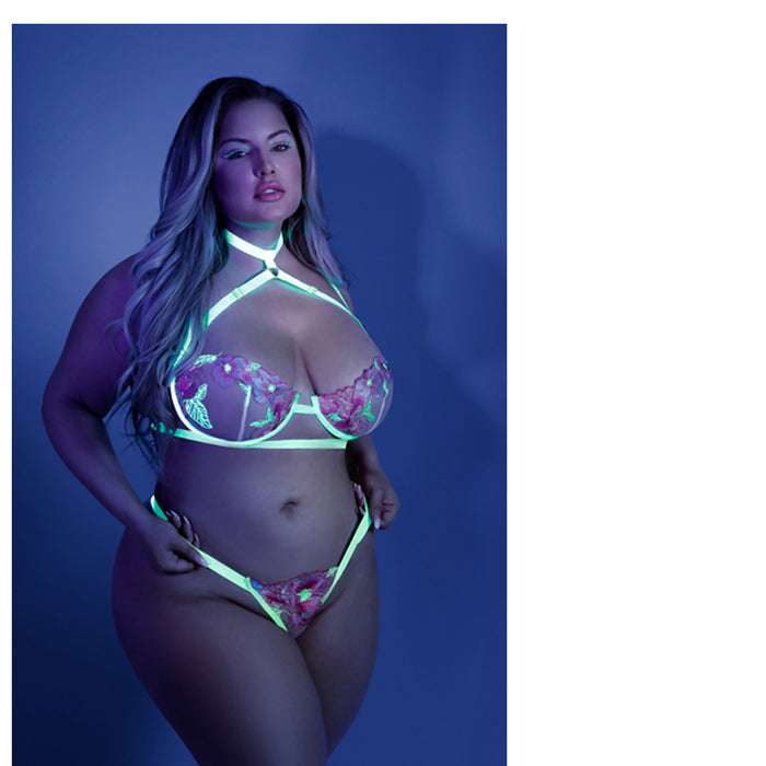 Fantasy Lingerie Glow In A Trance Harness Bra, Garter Belt Neon Chartreuse Queen