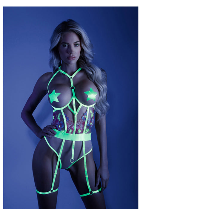 Fantasy Lingerie Glow In A Trance Open-Cup Crotchless Teddy Neon Chartreuse L/XL