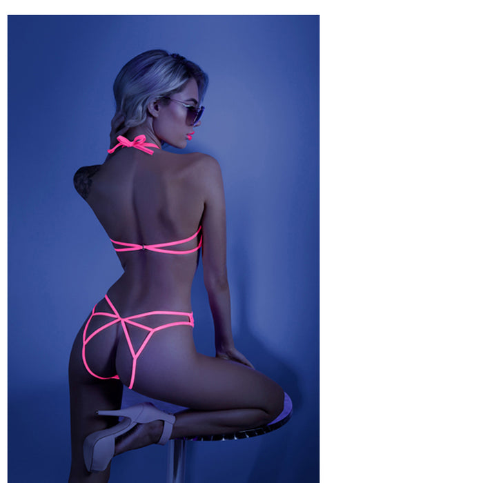 Fantasy Lingerie Glow Impress Me Lace Bodysuit With Open-Cage Back Neon Pink S/M