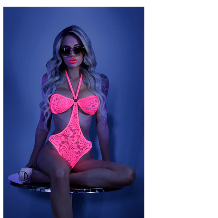 Fantasy Lingerie Glow Impress Me Lace Bodysuit With Open-Cage Back Neon Pink M/L