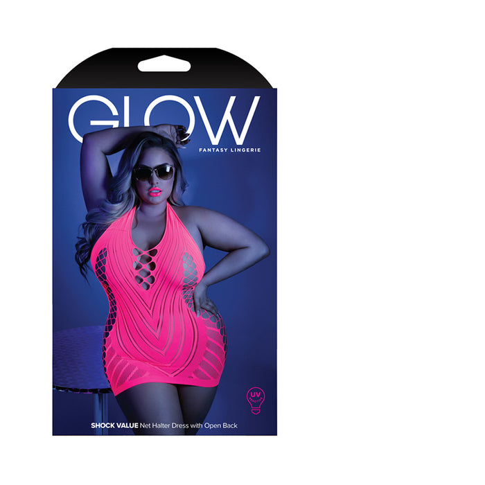 Fantasy Lingerie Glow Shock Value Net Halter Dress Neon Pink Queen Size