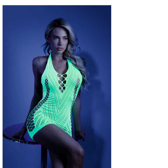 Fantasy Lingerie Glow Shock Value Net Halter Dress Neon Green O/S