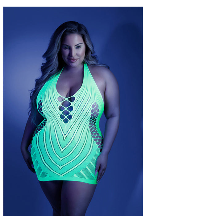 Fantasy Lingerie Glow Shock Value Halter Dress Neon Green Queen Size