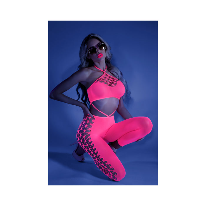 Fantasy Lingerie Glow Own The Night Cropped Cut-Out Halter Bodystocking Neon Pink O/S