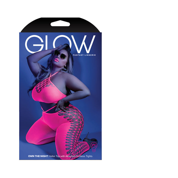 Fantasy Lingerie Glow Own The Night Cropped Cut-Out Halter Bodystocking Neon Pink Queen Size