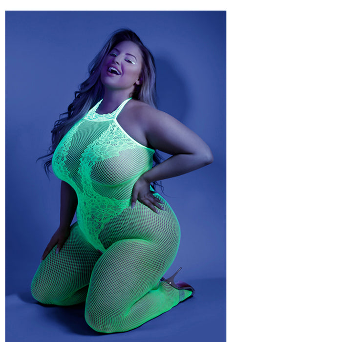Fantasy Lingerie Glow Moonbeam Crotchless Bodystocking Green Queen Size