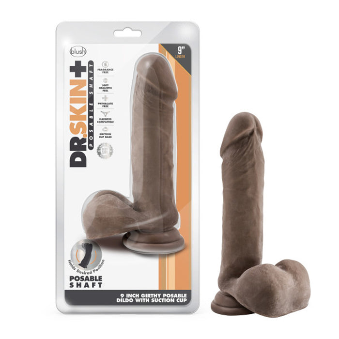 Blush Dr. Skin Plus Thick 9 in. Triple Density Posable Dildo with Balls & Suction Cup Brown