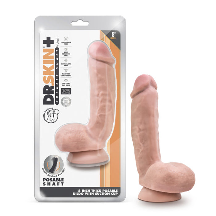 Blush Dr. Skin Plus Thick 8 in. Triple Density Posable Dildo with Balls & Suction Cup Beige