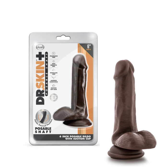 Blush Dr. Skin Plus Realistic 6 in. Triple Density Posable Dildo with Balls & Suction Cup Brown