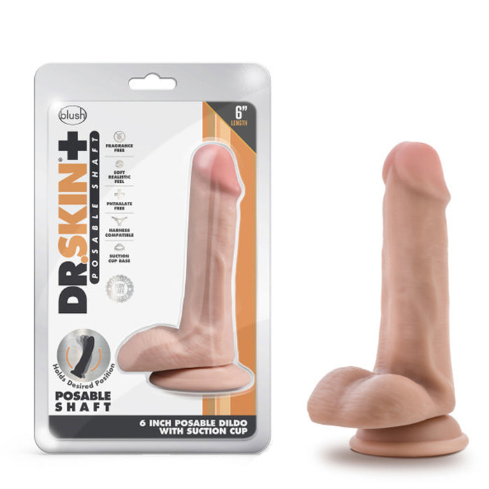 Blush Dr. Skin Plus Realistic 6 in. Triple Density Posable Dildo with Balls & Suction Cup Beige