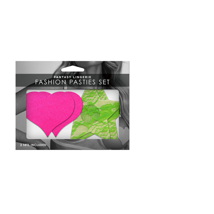 Fantasy Lingerie Neon Pasties 2-Pack Solid Neon Pink Heart & Neon Green Lace Star