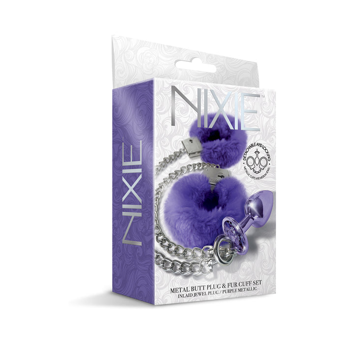 Nixie Metal Butt Plug & Furry Handcuff Set Medium Purple Metallic
