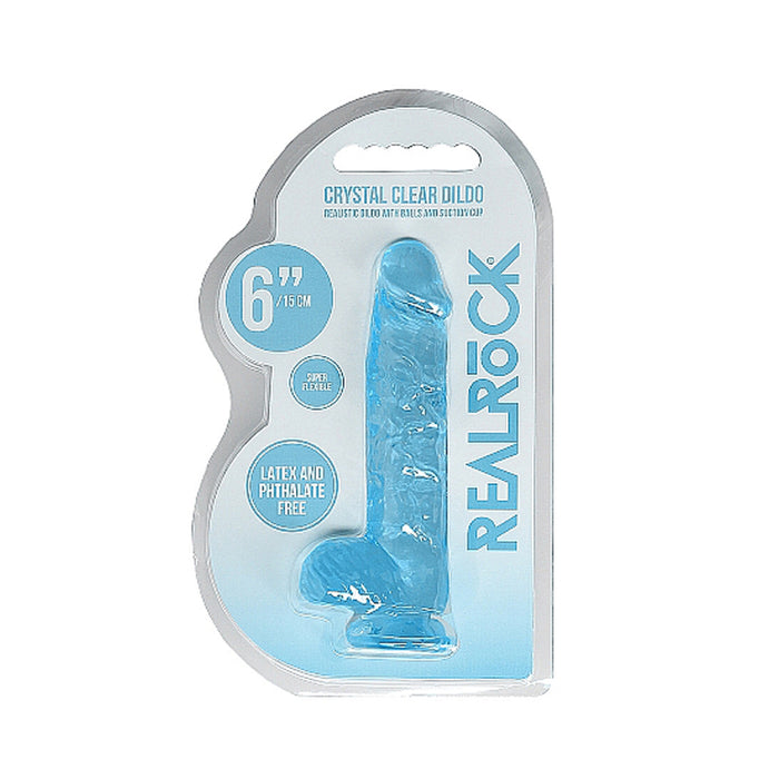 RealRock Crystal Clear Realistic 6 in. Dildo With Balls and Suction Cup Blue