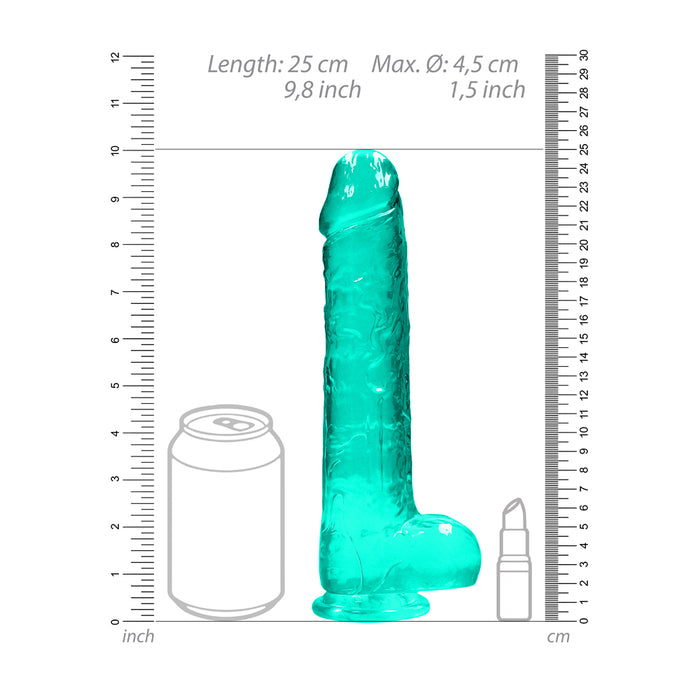 RealRock Crystal Clear Realistic 9 in. Dildo With Balls and Suction Cup Turquoise