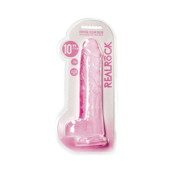 RealRock Crystal Clear Realistic 10 in. Dildo With Balls and Suction Cup Pink
