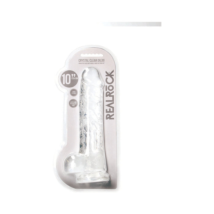 RealRock Crystal Clear Realistic 10 in. Dildo With Balls and Suction Cup Clear