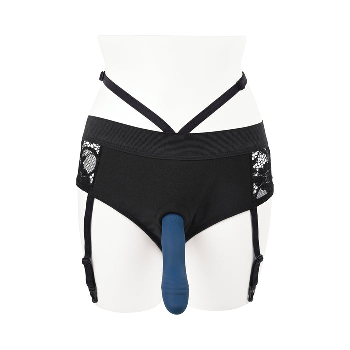 Gender X Snuggle Up Vibrating 7 in. Dildo and Lingerie-Style Strap-On Harness Set Blue/Black