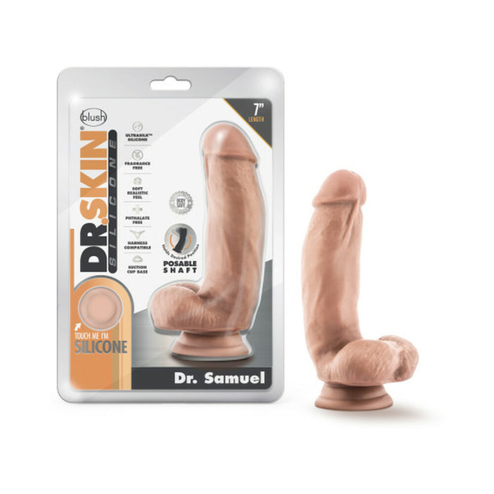Blush Dr. Skin Silicone Dr. Samuel Realistic 7 in. Posable Dildo with Balls & Suction Cup Beige