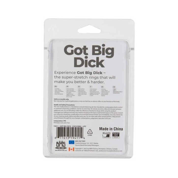Powerbullet Got Big Dick Super-Stretch Cockrings 4-Pack Smoke