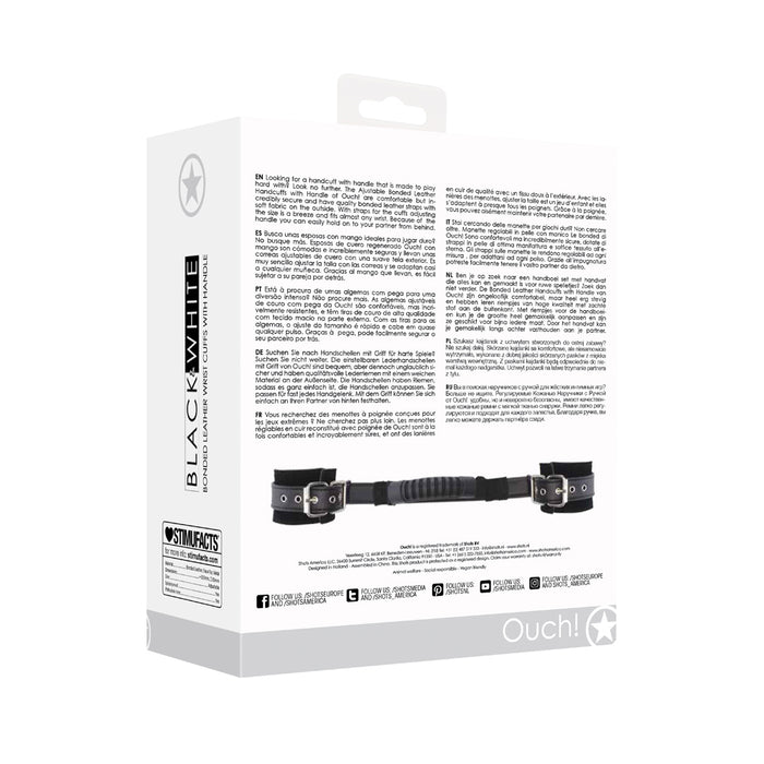 Ouch! Black & White Adjustable Bonded Leather Wrist Cuffs With Handle Black
