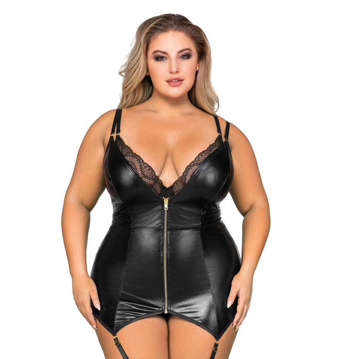 Dreamgirl Double-Layer-Front Teddy and Slip with Attached Garters Black 1X Hanging