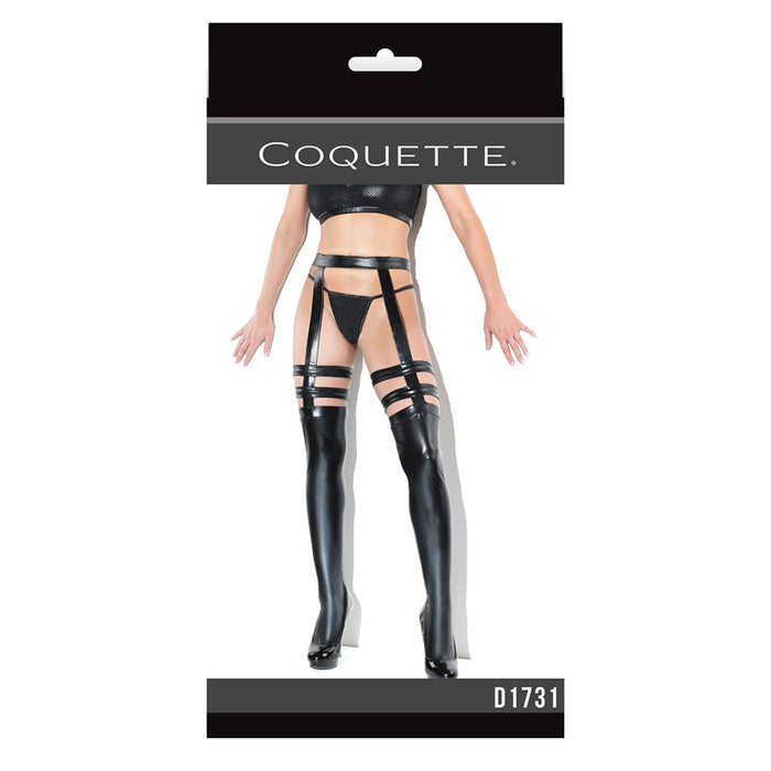 Coquette Thigh-High Wetlook Stockings with Garters Black OSQ Boxed