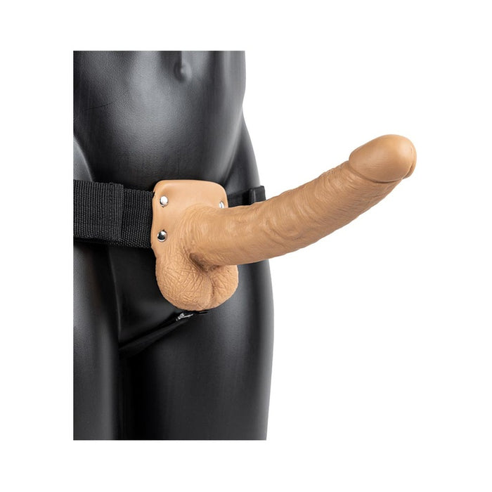 RealRock Realistic 9 in. Vibrating Hollow Strap-On With Balls Tan