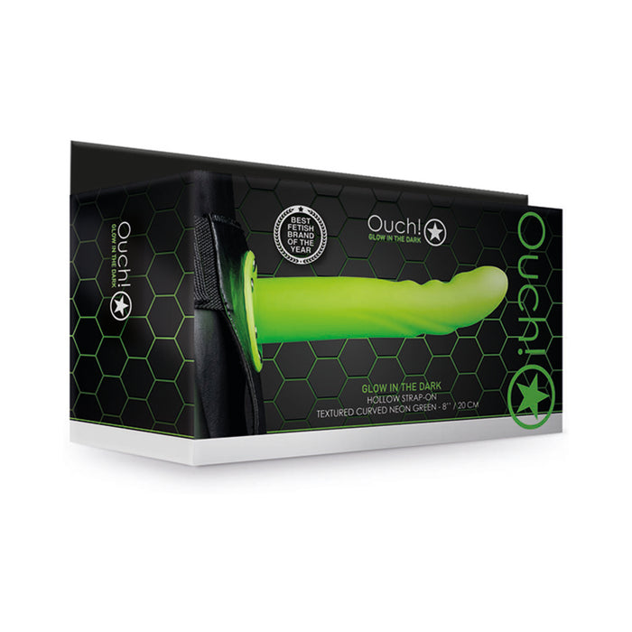 Ouch! Textured Curved 8 in. Glow in the Dark Hollow Strap-On Neon Green