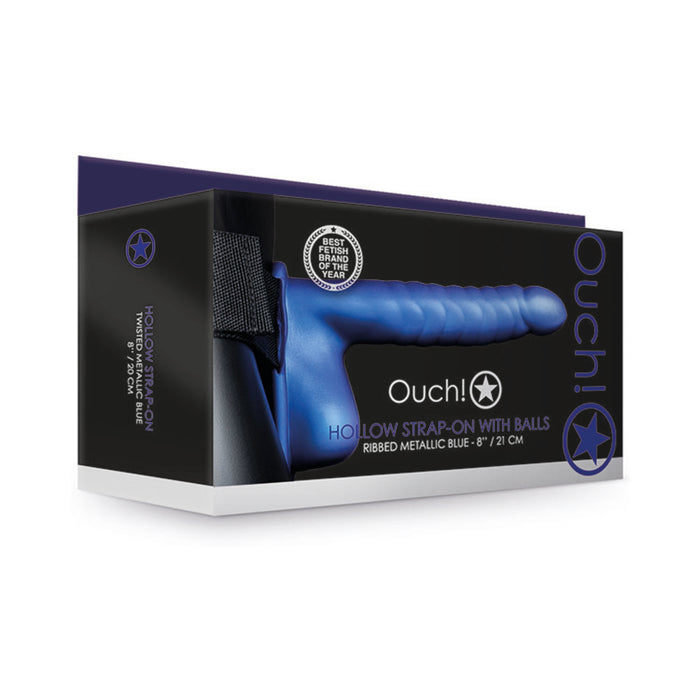 Ouch! Ribbed 8 in. Hollow Strap-On with Balls Metallic Blue