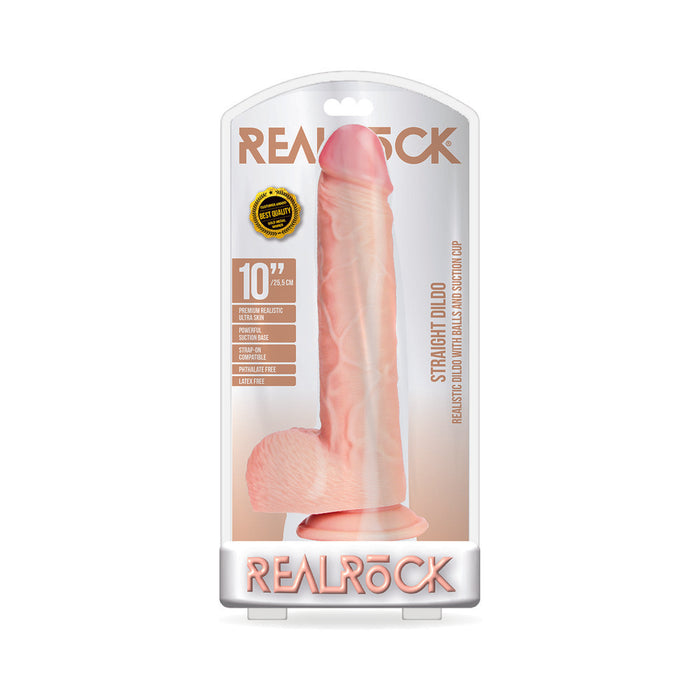 RealRock Realistic 10 in. Straight Dildo With Balls and Suction Cup Beige