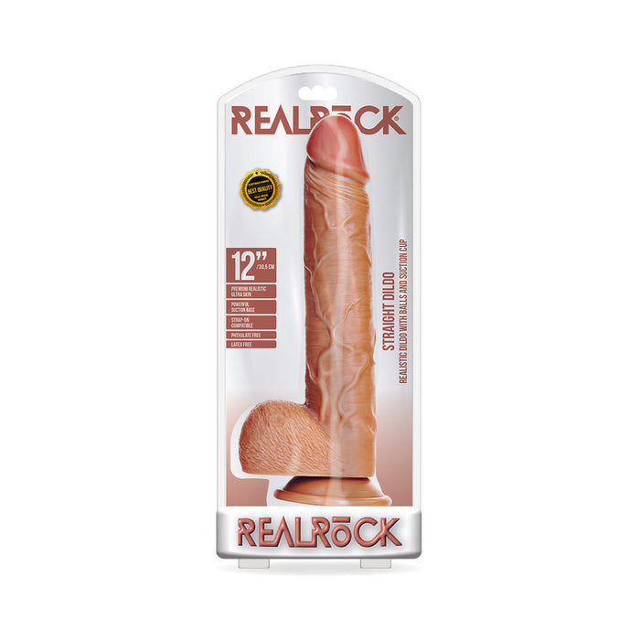 RealRock Realistic 12 in. Straight Dildo With Balls and Suction Cup Tan