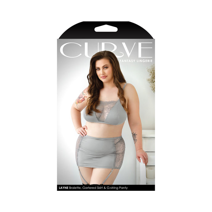 Fantasy Lingerie Curve Layne Lace Panel Bralette, Gartered Skirt, G-String Gray XL/2XL