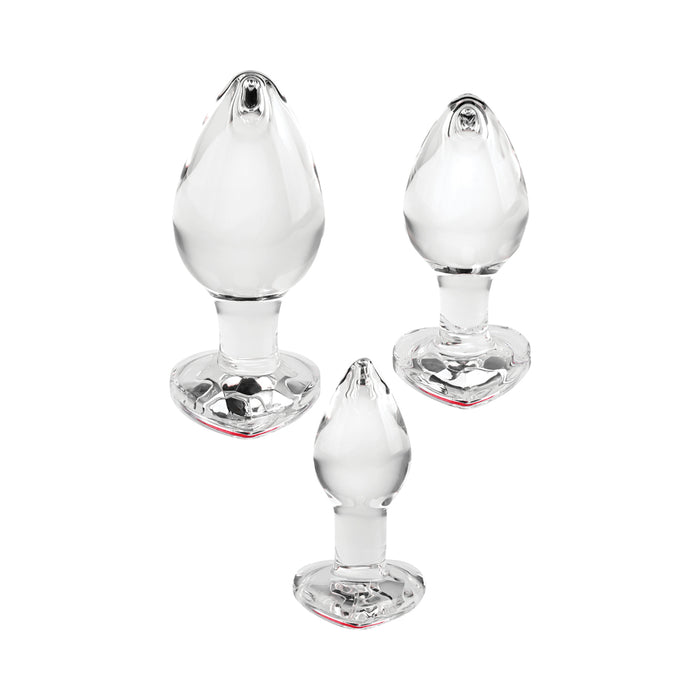 Adam & Eve 3-Piece Glass Anal Plug With Red Gemstone Heart Base Set